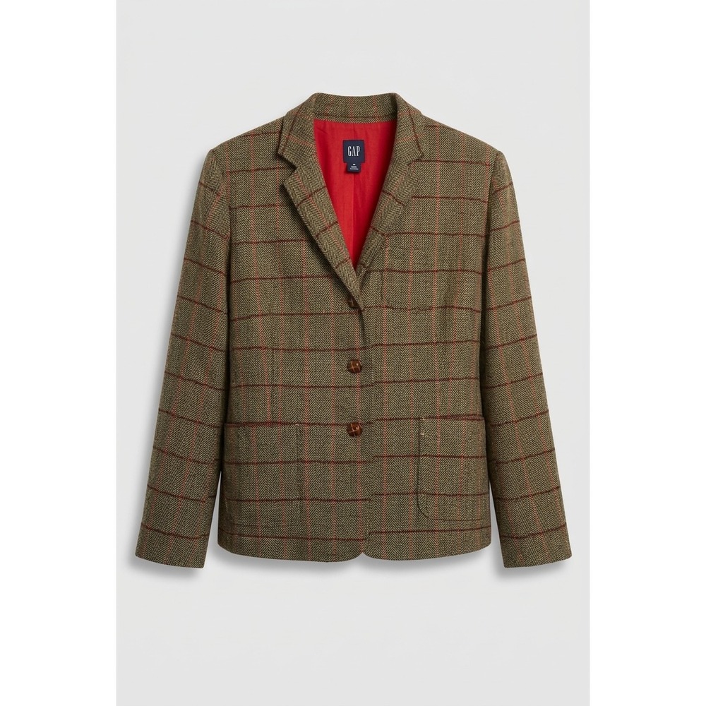 Gap Womens Green Red Plaid Herringbone Wool Blend Blazer Jacket Size 16